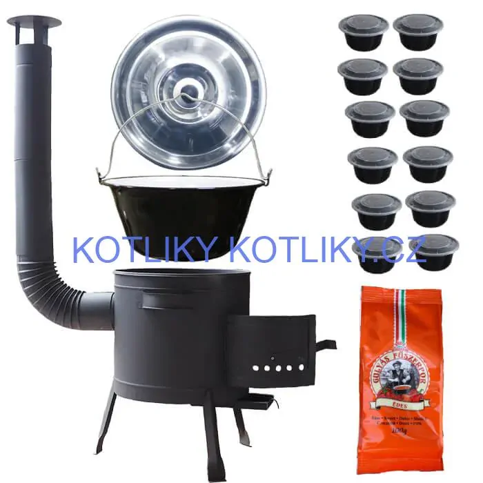 Smaltovaný kotlík 25 L (1,2 mm) + silnostěnná (1,5 mm) žáruvzdorná kotlina BALKY STRONG 42 PLUS 600 + misky 12 ks + paprikové koření na guláš 100 g