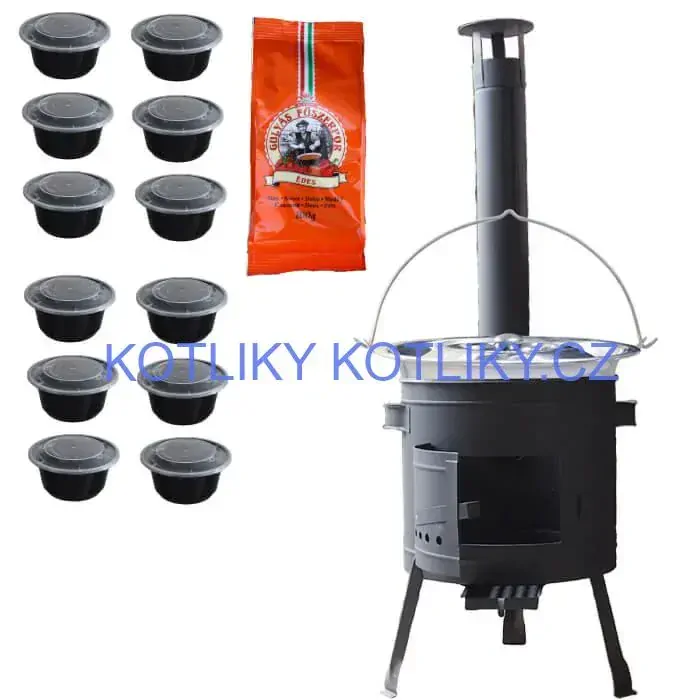 Nerezový kotlík 22 L (0,8 mm) INOX + silnostěnná (1,5 mm) žáruvzdorná kotlina BALKY STRONG 42 PLUS 600 + misky 12 ks + paprikové koření na guláš 100 g