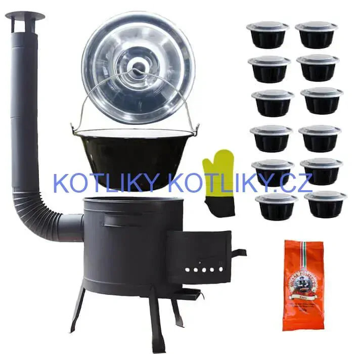 Smaltovaný kotlík 22 L (1,2 mm) + misky 12 ks + nízká žáruvzdorná kotlina (0,8 mm) 42 PLUS 600