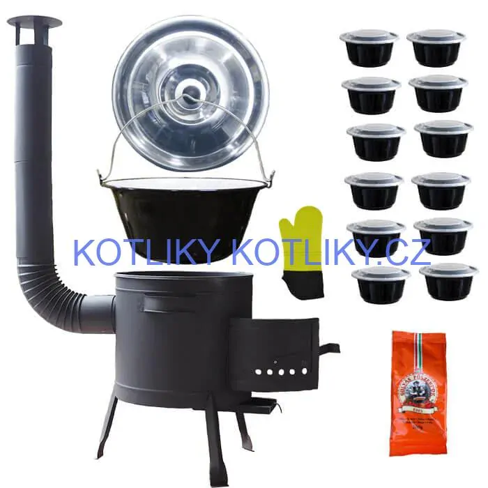 Smaltovaný kotlík 22 L (1,2 mm) + misky 12 ks + nízká žáruvzdorná kotlina (1,5 mm) 42 PLUS 600