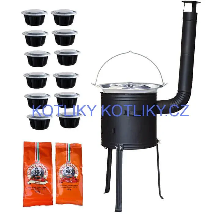 Nerezový kotlík 22 L (0,8 mm) INOX + žáruvzdorná kotlina 42 cm Plus 700 + misky 12 ks + 2 x pepř na guláš 100 g