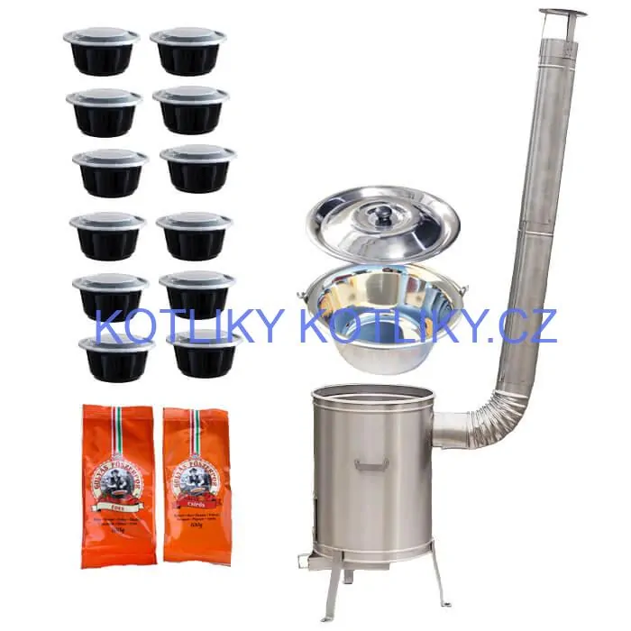 Nerezový kotlík 22 L (0,8 mm) INOX + nerezová kotlina 42 cm LUX + misky 12 ks + 2 x pepř na guláš 100 g