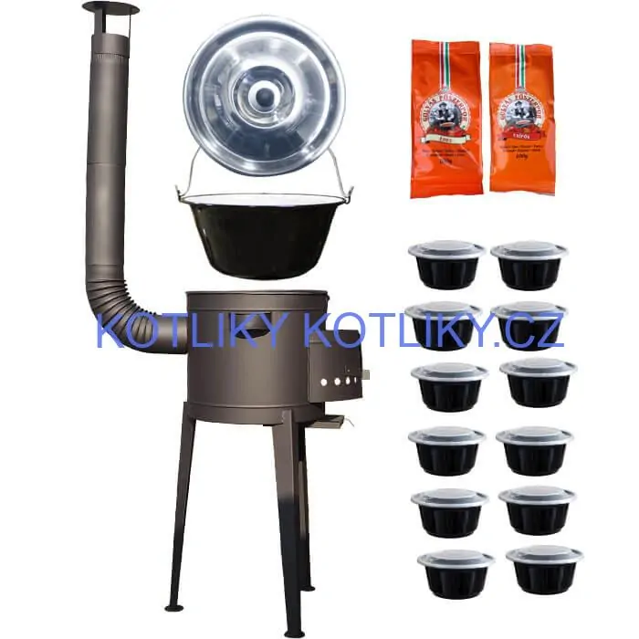 Smaltovaný kotlík 22 L (1,2 mm) + vysoká žáruvzdorná kotlina (2,0 mm) HODO 42 cm PLUS 600 + misky 12 ks + 2 x pepř na guláš 100 g