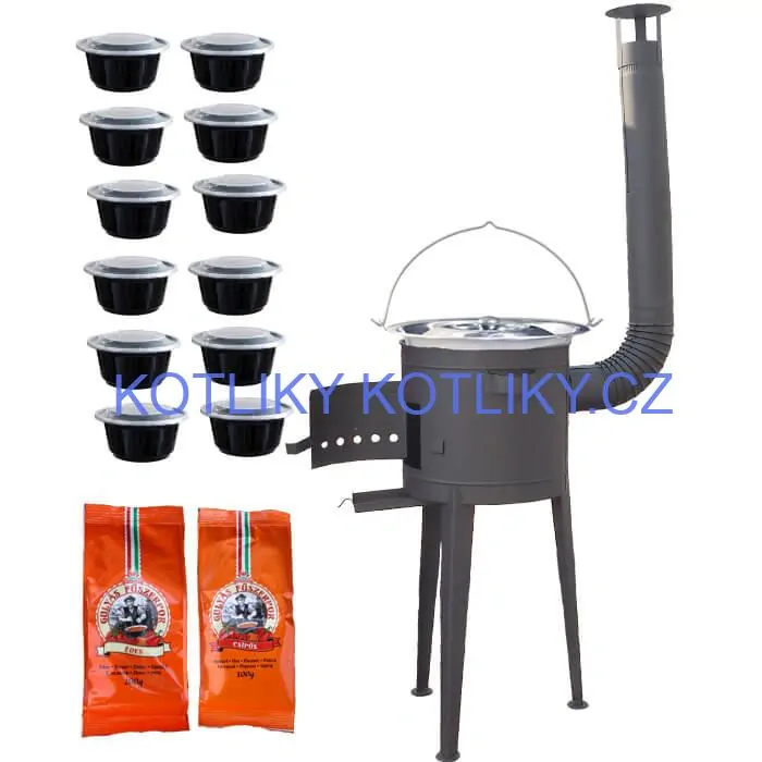 Nerezový kotlík 22 L (0,8 mm) INOX + vysoká žáruvzdorná kotlina (1,5 mm) HODO 42 cm PLUS 600 + misky 12 ks + 2 x pepř na guláš 100 g