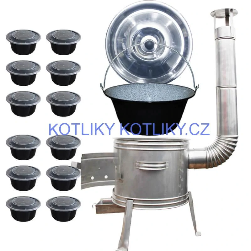 Smaltovaný kotlík 22 L + Nerezová kotlina 42 INOX + misky 12 ks