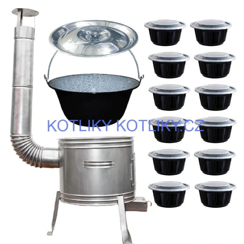 Smaltovaný kotlík 25 L + Nerezová kotlina 42 INOX + misky 12 ks