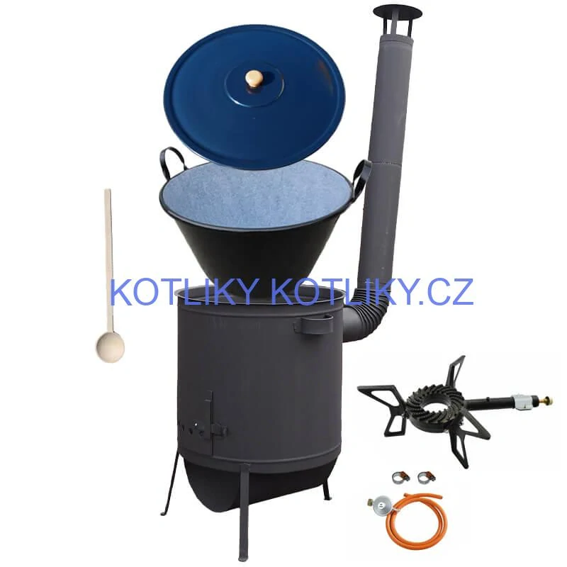 Smaltovaný kotel 70 L na zabijačku + žáruvzdorná kotlina 53 PLUS 600 4 MM + hořák 7,5 kW + vařečka