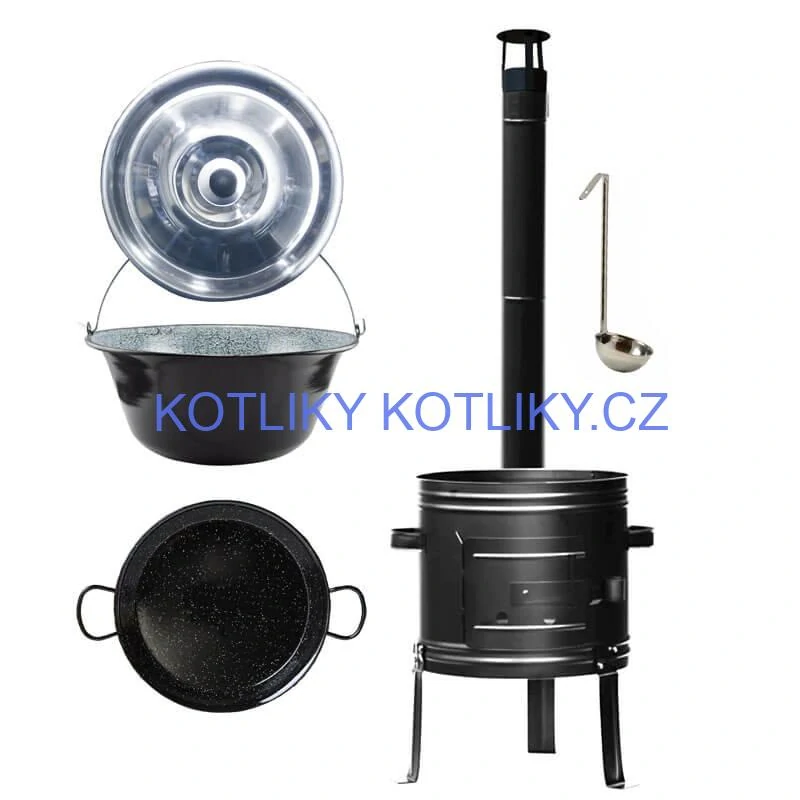 Smaltovaný kotlík 22 L + kovová kotlina + smaltovaná pánev 46 cm Paella