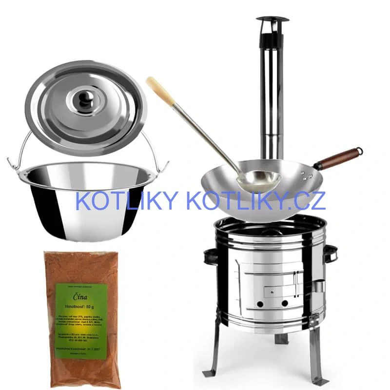 Nerezový kotlík 10 L (0,8 mm) + nerezová kotlina 31 INOX + Wok + koření 50 g