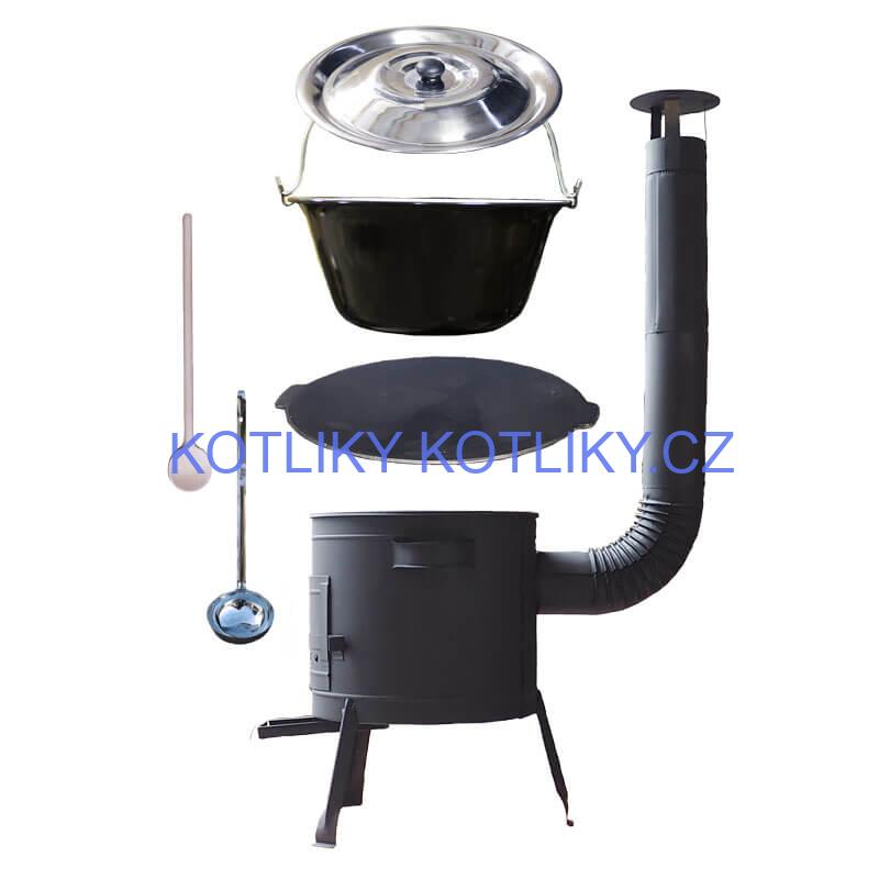 Smaltovaný kotlík 22 L + litinová pánev 45 cm + nízká žáruvzdorná kotlina 42 cm PLUS 600