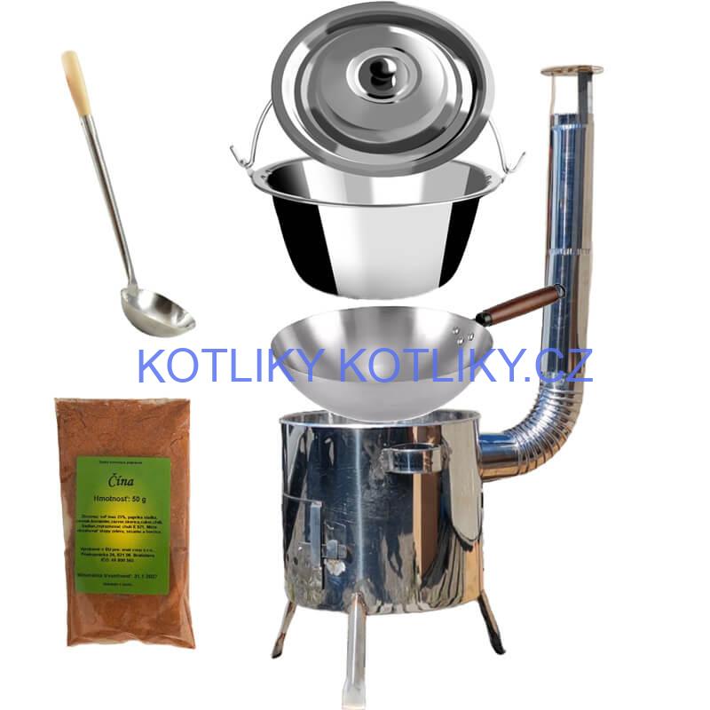 Nerezový kotlík 10 L (0,8 mm) + nerezová kotlina 31 INOX LUSTRO + Wok + koření 50 g