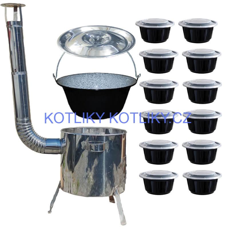 Smaltovaný kotlík 13 L + nerezová kotlina 36 INOX LUSTRO + misky 12 ks
