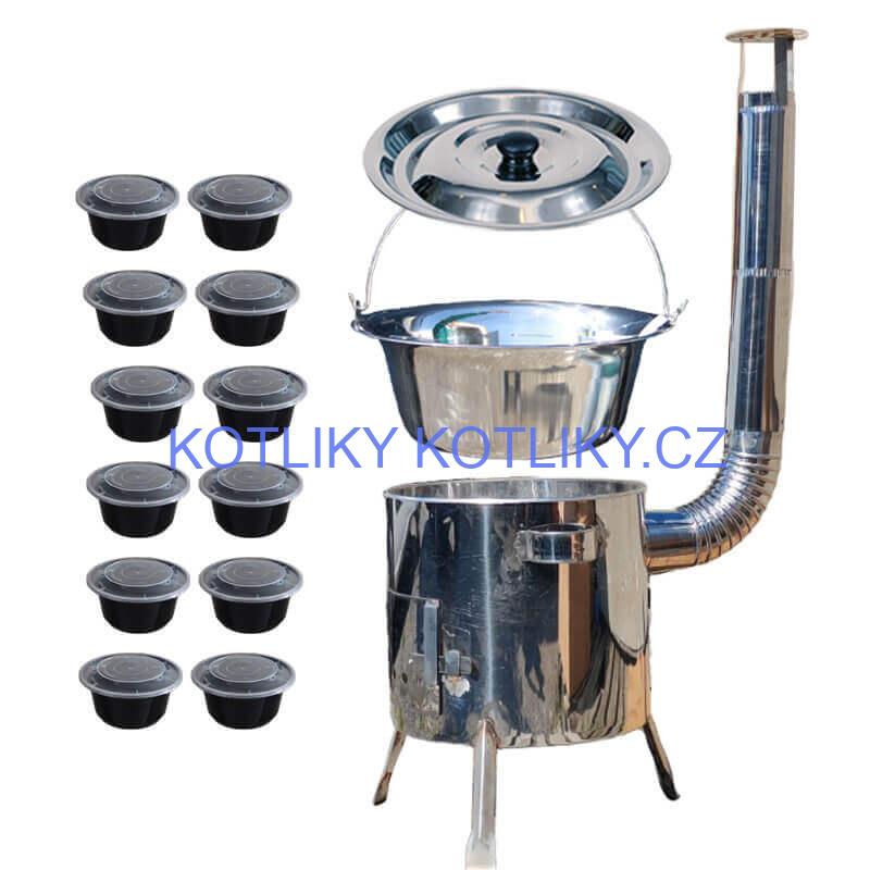Nerezový kotlík 14 L (0,8 mm) INOX + Nerezová kotlina 36 INOX LUSTRO + misky 12 ks