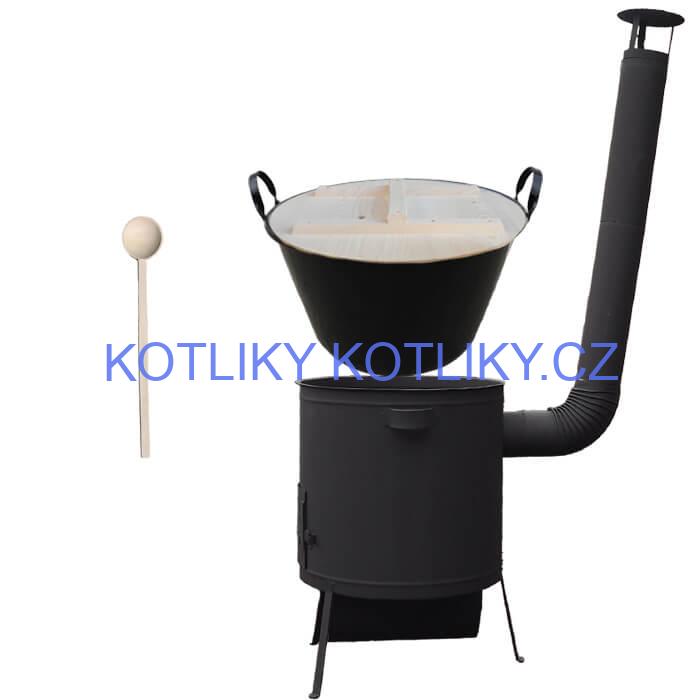 Zabijačkový smaltovaný kotel 100 L, žáruvzdorná kotlina 42 PLUS 600 4 MM, dřevěná poklice + vařečka