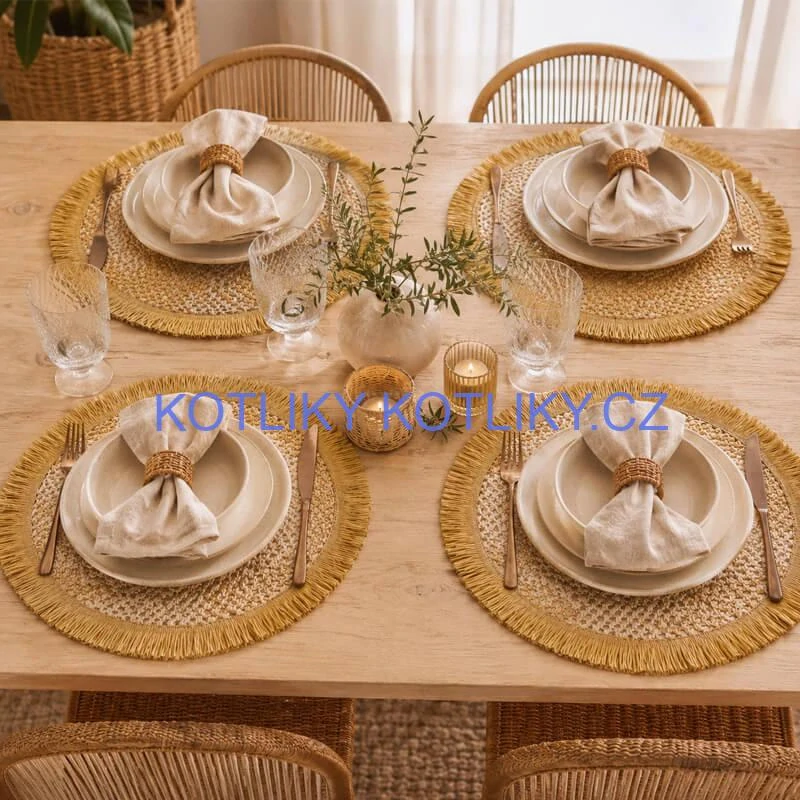Kulaté přírodní podložky pod talíř se třásněmi 37 cm, 4 ks