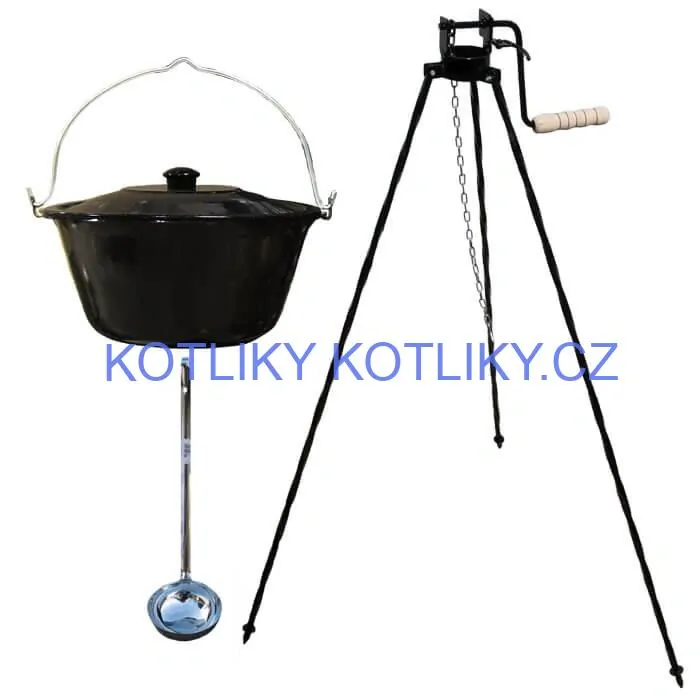 Smaltovaný kotlík 10 L + poklice + stojan s kladkou VAR
