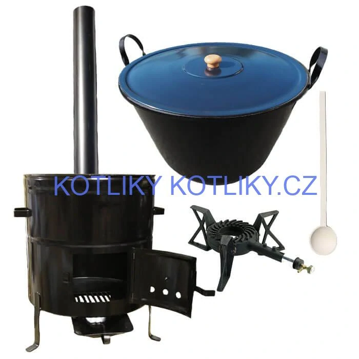 Zabijačkový smaltovaný kotel 50 L + kovová kotlina 50 cm + hořák 7 kW + kouřovod