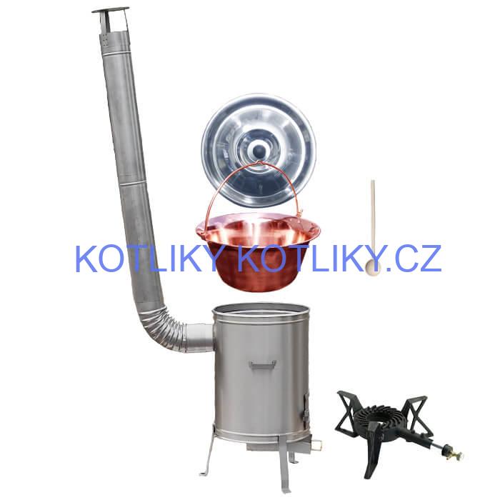 Měděný kotlík 10 L (1,2 mm) + nerezová kotlina 36 cm + litinový hořák 7 kW, vařečka LUX