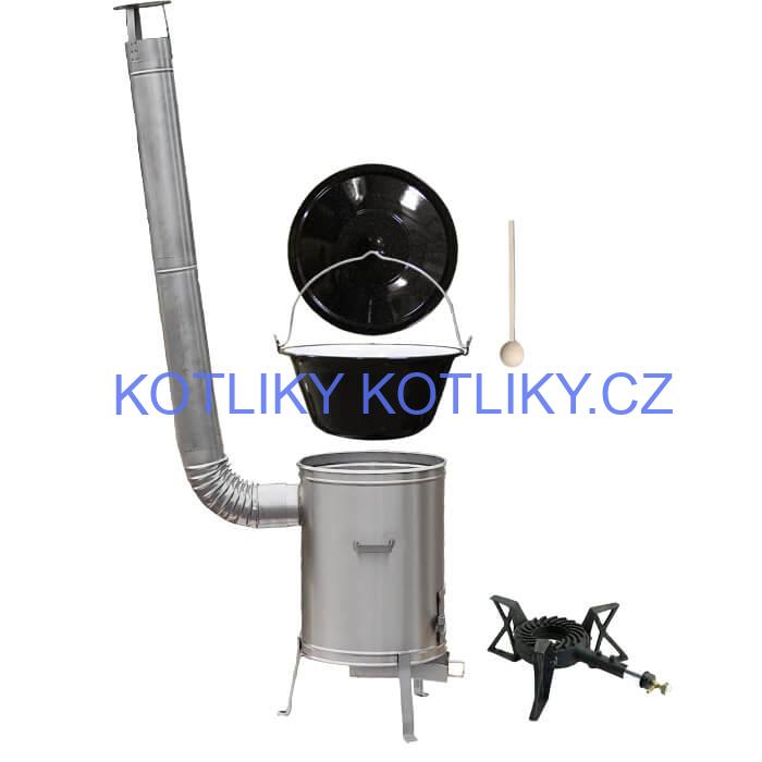 Smaltovaný kotlík 13 L (1,2 mm) + nerezová kotlina 36 cm + litinový hořák 7 kW, vařečka LUX
