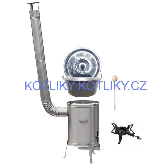Nerezový kotlík 15 L (1,5 mm) + nerezová kotlina 36 cm + litinový hořák 7 kW, vařečka LUX