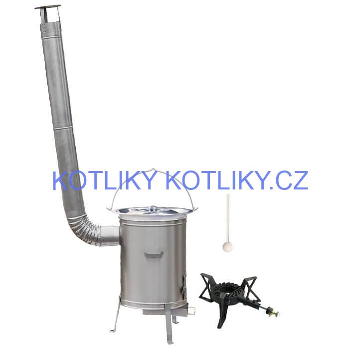 Nerezový kotlík 14 L (0,8 mm) + nerezová kotlina 36 cm + litinový hořák 7 kW, vařečka LUX