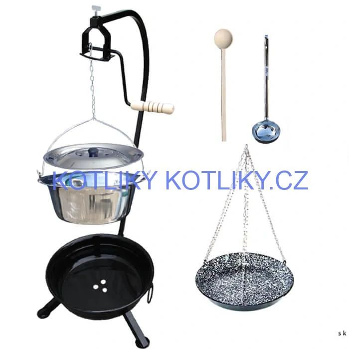 Nerezový kotlík 10 L (1,2 mm) INOX + smaltovaná pánev + ohniště se stojanem as pojistnou kladkou VAR