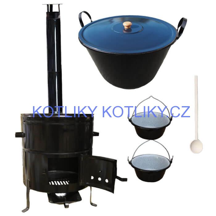 Zabijačkový smaltovaný kotel 80 L + kovová kotlina 58 cm + 2 servírovací kotlíky  a kouřovod