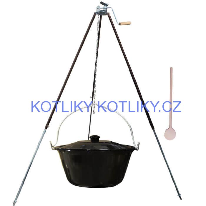 Smaltovaný kotlík 30 L (1,2 mm) + teleskopická trojnožka s pojistnou kladkou + poklice