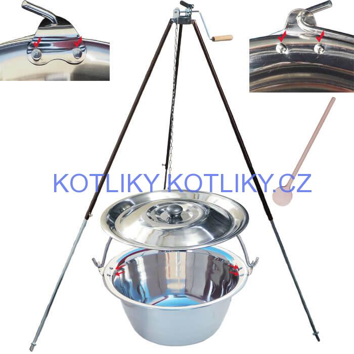 Nerezový kotlík 30 L (0,8 mm) s nýty + teleskopická trojnožka s pojistnou kladkou + poklice