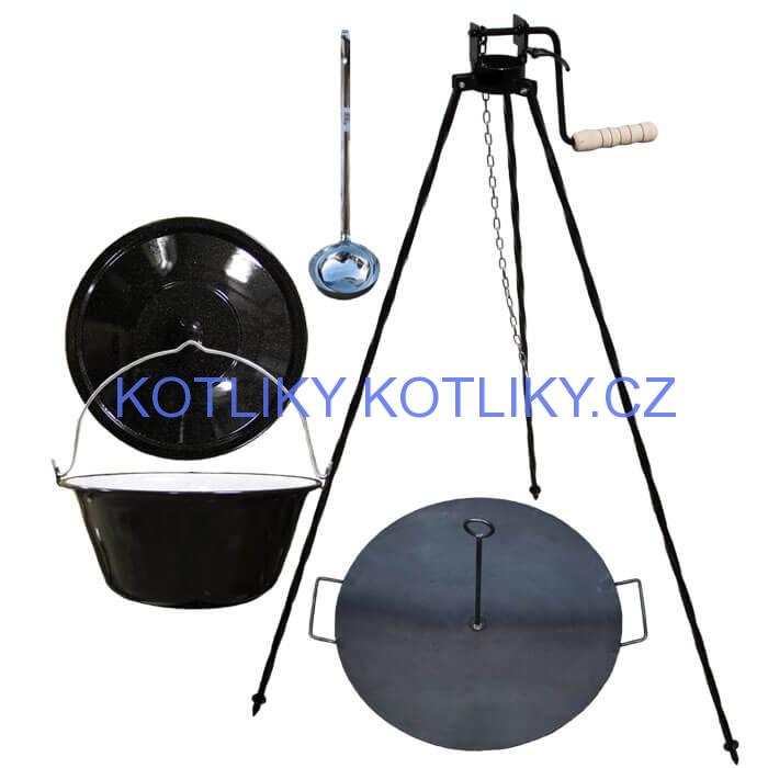 Smaltovaný kotlík 20 L (1,2 mm) + pánev na grilování a stojan s kladkou VAR