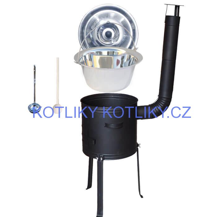 Nerezový kotlík 14 L (0,8 mm) + kovová kotlina s vysokými nožičkami 36 cm, žáruvzdorná barva Plus 700 + vařečka a naběračka