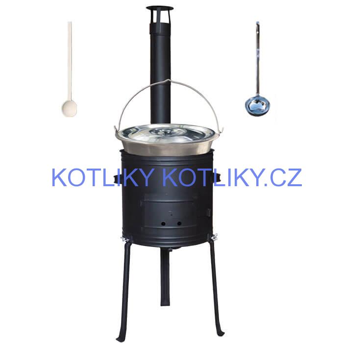 Nerezový kotlík 20 L (1,5 mm) + kovová kotlina s vysokými nožičkami 42 cm , žáruvzdorná barva Plus 700 + vařečka a naběračka