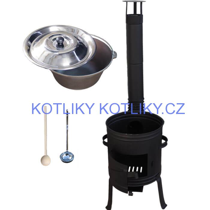 Litinový kotlík 10 L + nízká žáruvzdorná kotlina 33 cm PLUS 700 + vařečka a naběračka
