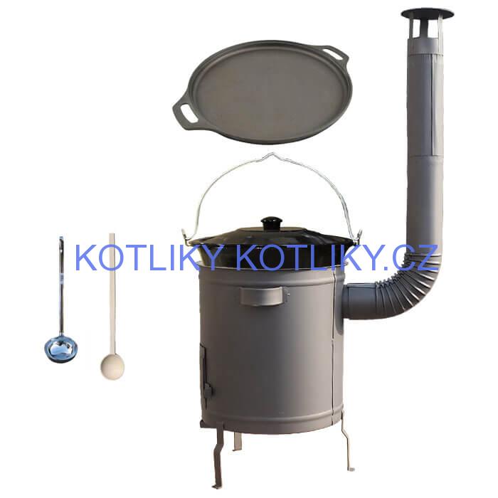 Smaltovaný kotlík 20 L (1,2 mm) + Litinová pánev 43 cm + silnostěnná (1,5 mm) a žáruvzdorná kotlina 42 PLUS 600