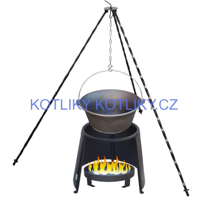 Litinový kotlík 10,8 L + chránič plamene 37 cm + ohniště 36 cm + trojnožka 1,2 m