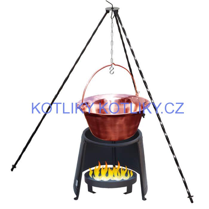 Měděný kotlík 20 L (1,2 mm) + chránič plamene 43 cm + ohniště 36 cm + trojnožka 1,2 m