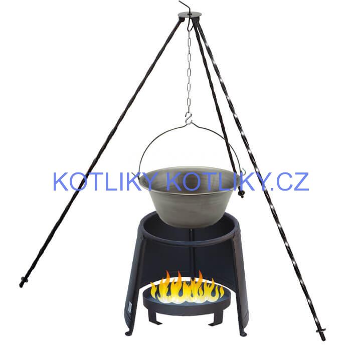 Železný kotlík 14 L (0,75 mm) + chránič plamene 37 cm + ohniště 36 cm + trojnožka 1,2 m