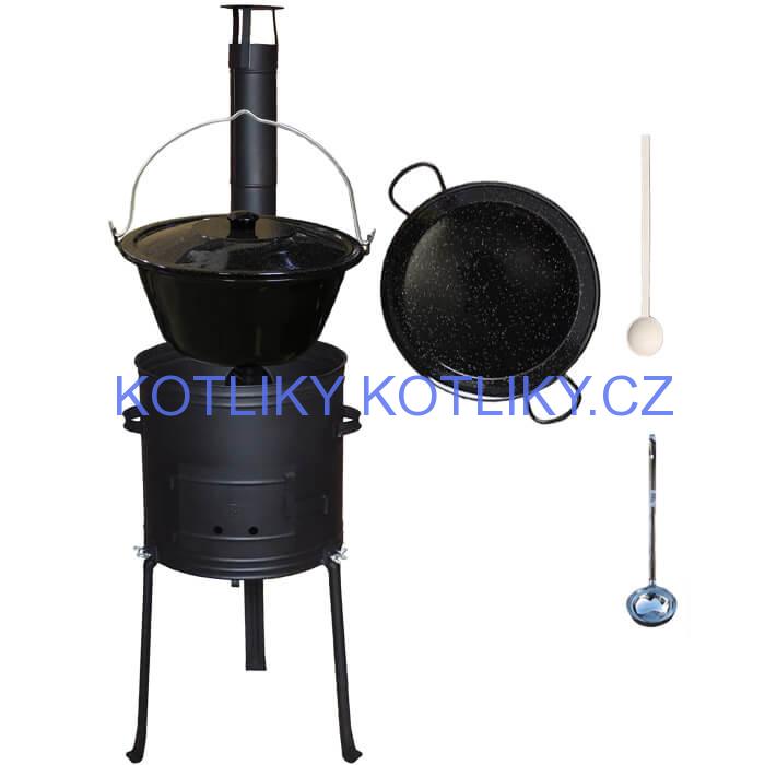 Smaltovaný kotlík 20 L + Paella pánev 46 cm + kovová kotlina s vysokými nožičkami 42 cm, žáruvzdorná barva Plus 700