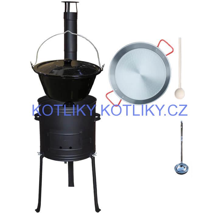 Smaltovaný kotlík 20 L + Paella pánev 46 cm + kovová kotlina s vysokými nožičkami 42 cm, žáruvzdorná barva Plus 700