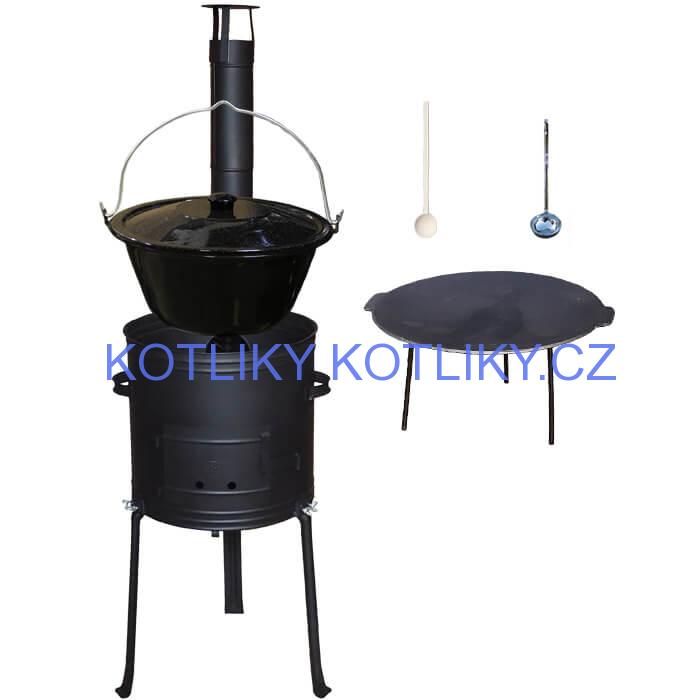Smaltovaný kotlík 25 L + Litinová pánev 45 cm + kovová kotlina s vysokými nožičkami 42 cm, žáruvzdorná barva Plus 700