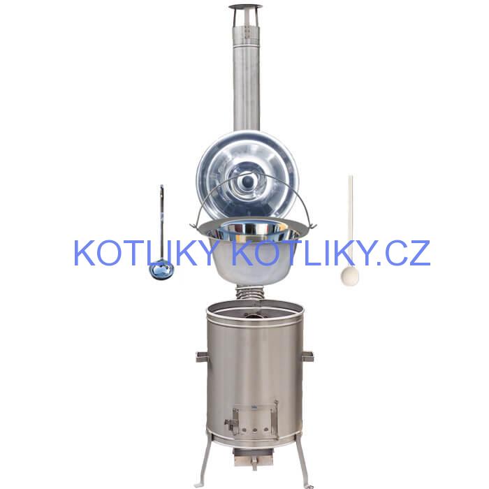 Nerezový kotlík 30 L (0,8 mm) zesílený s nýty + nerezová kotlina 45 cm LUX + vařečka a naběračka