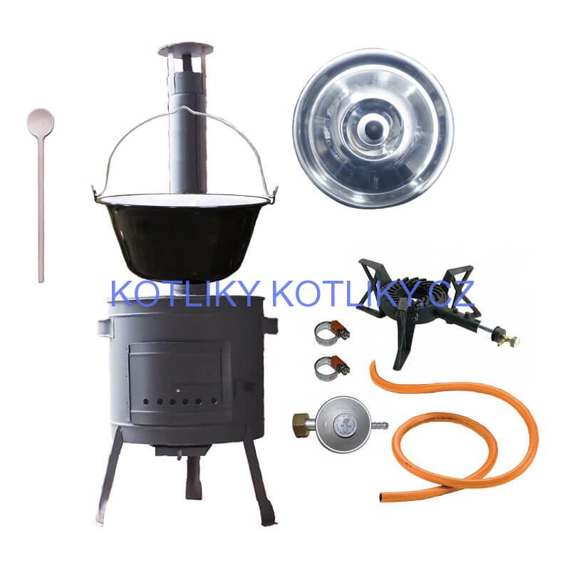 Smaltovaný kotlík (1,2 mm) 25 L + litinový hořák 5,5 kW + nízká kotlina 42 PLUS 600 + nerezová poklice INOX