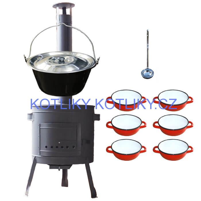 Smaltovaný kotlík 25 L + selské misky 6 ks + nízká žáruvzdorná kotlina 42 cm PLUS 600