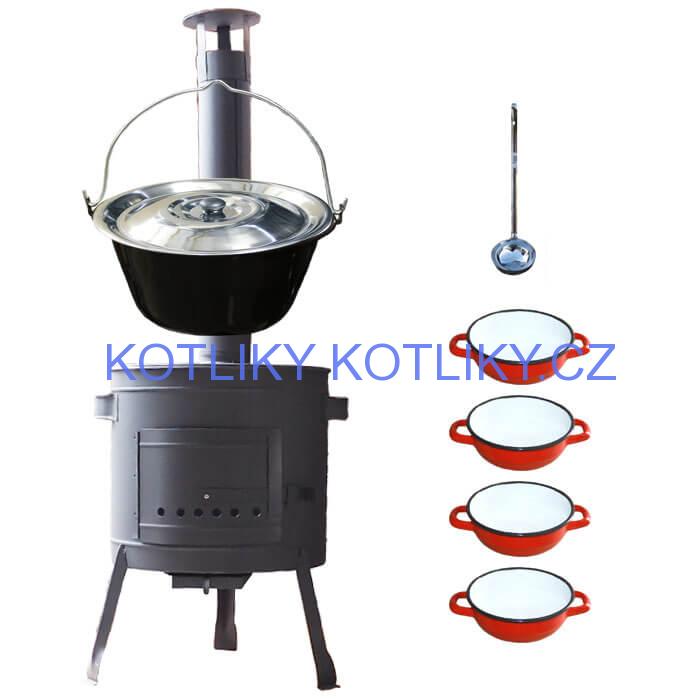 Smaltovaný kotlík 16 L + selské misky 4 ks + nízká žáruvzdorná kotlina 39 cm PLUS 600