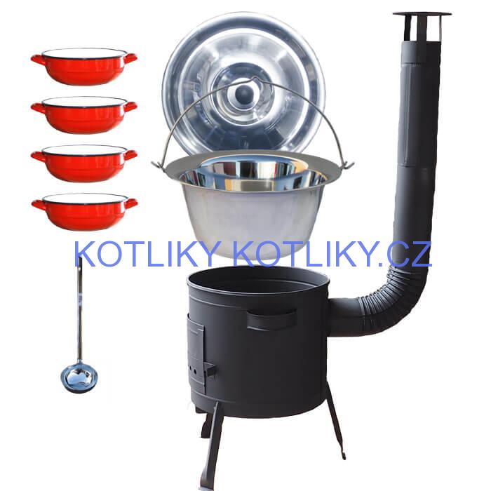 Nerezový kotlík 22 L (0,8 mm) INOX + selské misky 4 ks + nízká žáruvzdorná kotlina 42 cm PLUS 600