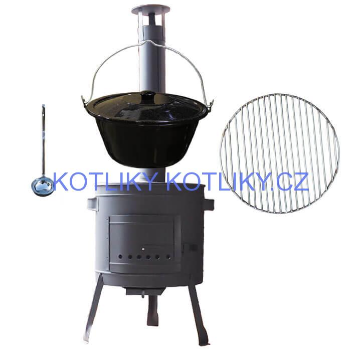 Smaltovaný kotlík 20 L + Nerezový rošt 45 cm + nízká žáruvzdorná kotlina 42 cm PLUS 600