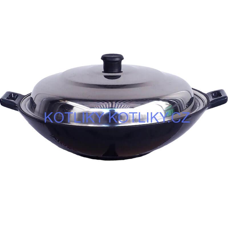 Litinový wok – smaltovaný povrch 37 cm + nerezová poklice