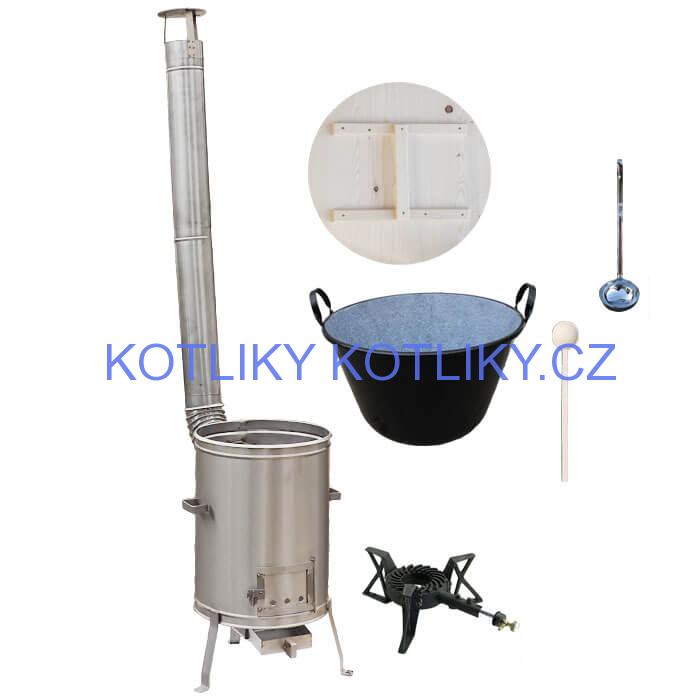 Zabijačkový smaltovaný kotel 100 L + nerezová kotlina 60 cm + hořák 7 kW + vařečka a naběračka