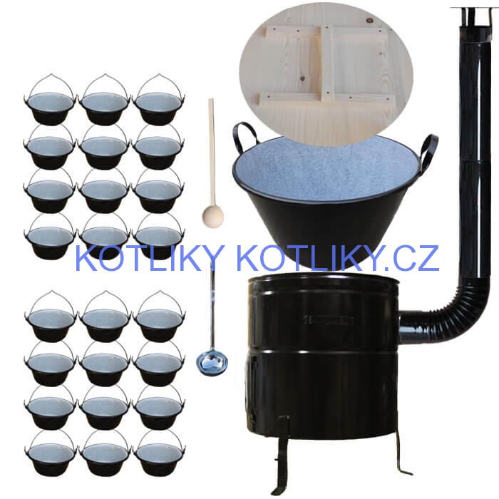 Smaltovaný kotel 100 L + servírovací kotlíky (24 ks) + vařečka a naběračka BIG PARTY