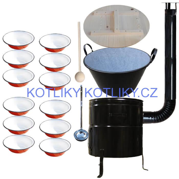 Smaltovaný kotel 100 L + smaltované talíře 12 ks vařečka a naběračka BIG PARTY